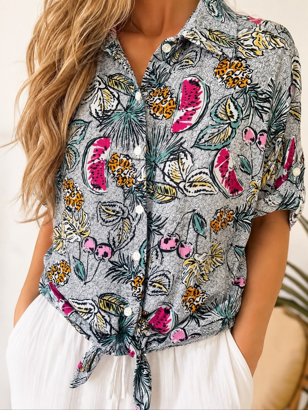 Lord & Taylor Petite M Tropical Fruit Print 100% Viscose Button Up Shirt